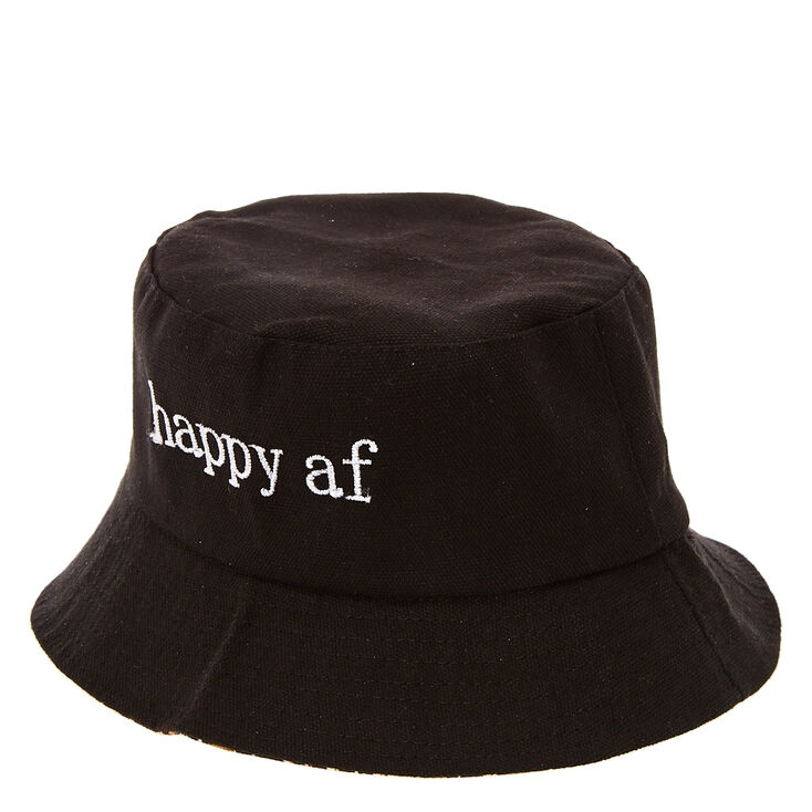 Happy AF Black Bucket Hat with Leopard Print Lining,