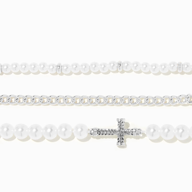 White Pearl Beaded &amp; Cross  Bracelet Set - 3 Pack,
