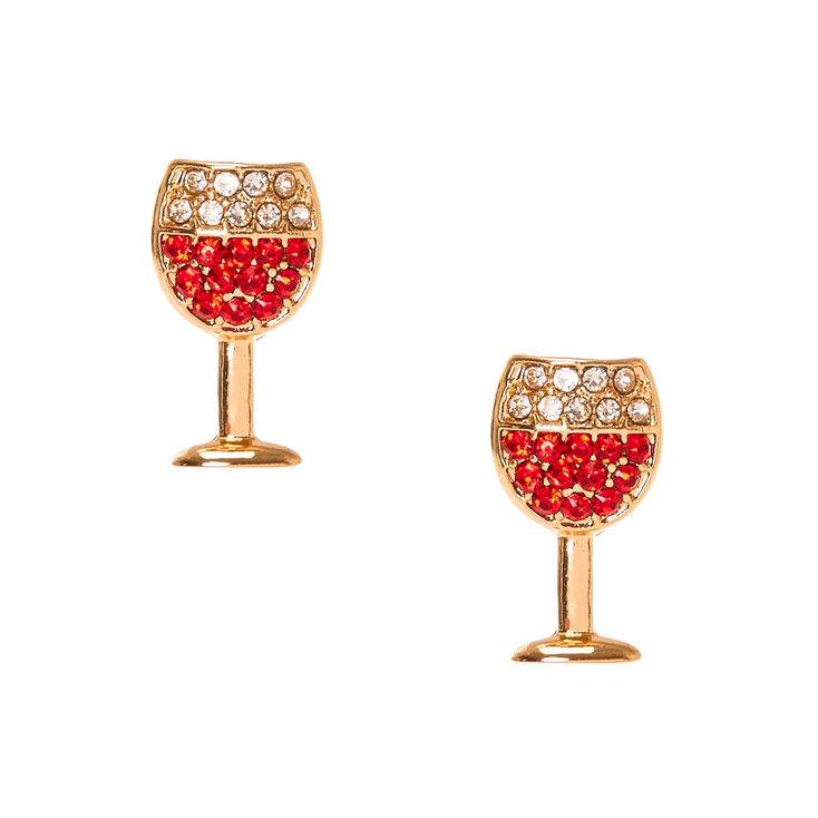 Gold Tone Red Wine Glass Stud Earrings,