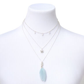 Silver Seashell &amp; Turquoise Feather Multi Strand Necklace,