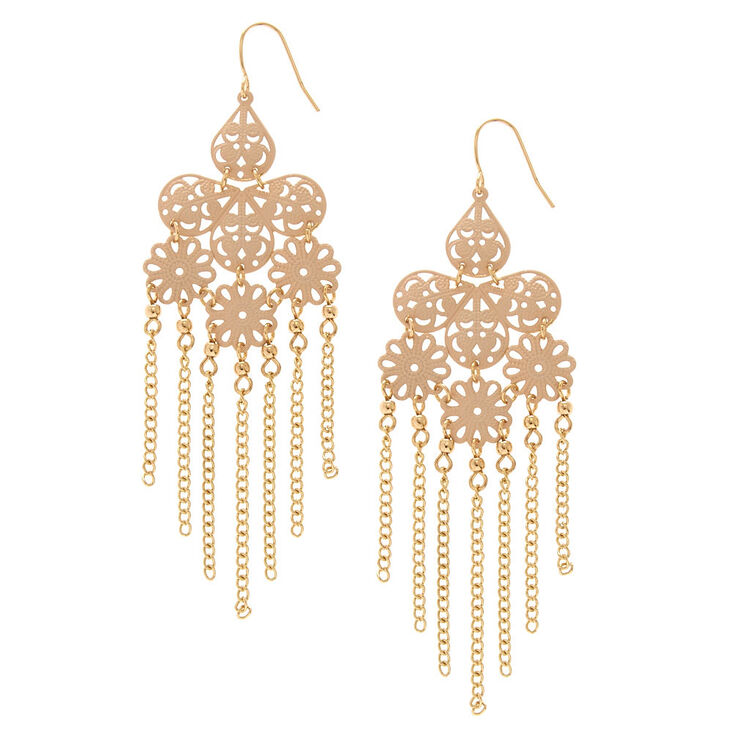 Blush Pink Filigree Chandelier With Gold Chain Fringe Drop Earrings Blush Pink Filigree Chandelier With Gold Chain Fringe Drop Earrings