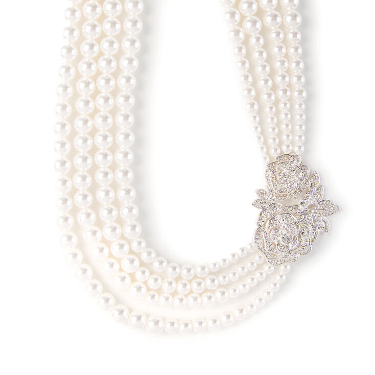 Multi-Strand Pearl Necklace with Vintage Pavé Crystal Roses,