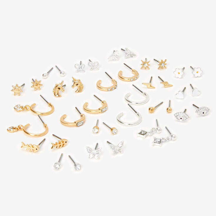 Mixed Metal Crystal Hoop &amp; Stud Earrings - 20 Pack,