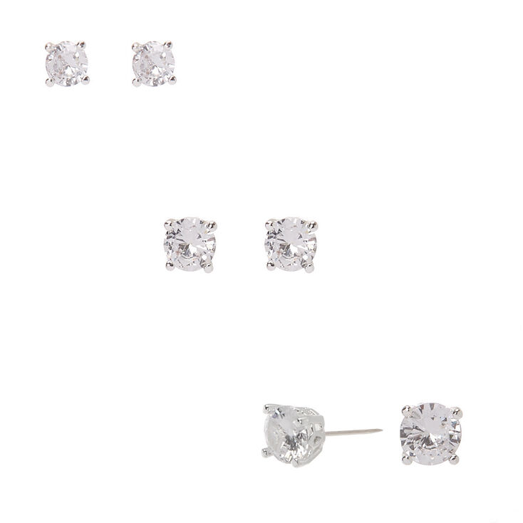 Silver Cubic Zirconia Round Stud Earrings - 4MM, 5MM, 6MM,