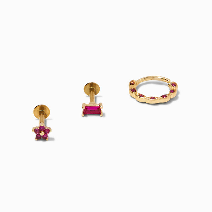 Gold 16G Pink Flower &amp; Baguette Helix Earrings - 3 Pack,