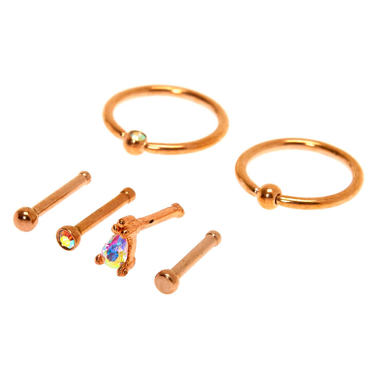 Rose Gold 18G Iridescent Crystal Nose Rings - 6 Pack,