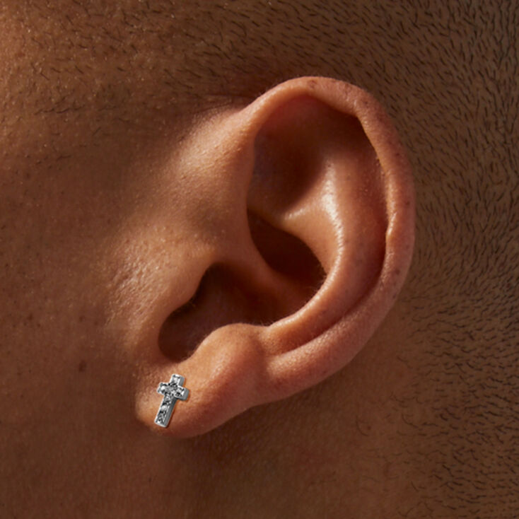 ICING Select Silver-tone Titanium Crystal Cross Flat Back Stud Earrings,