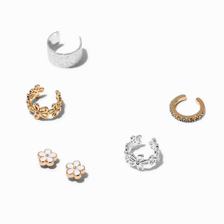 Silver-tone Daisy Stud &amp; Ear Cuff Earring Stackables - 6 Pack,