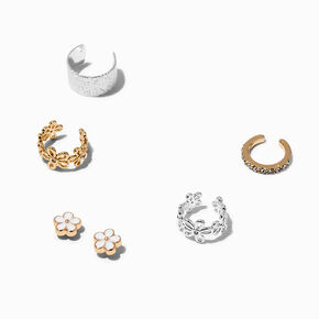 Silver-tone Daisy Stud &amp; Ear Cuff Earrings Stackables - 6 Pack,
