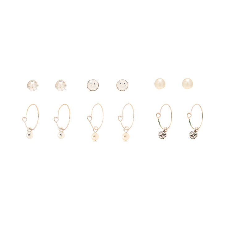 Silver Crystal Pearl Stud &amp; Hoop Earrings - 6 Pack,