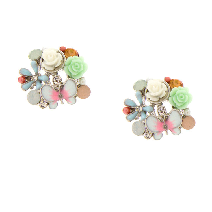 Pastel Carved Roses & Enamel Butterfly Cluster Stud Earrings,