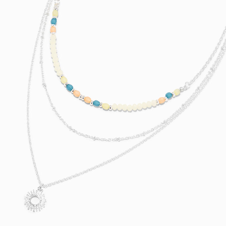 Silver Coin Pendant Color Beaded Multi-Strand Necklace,