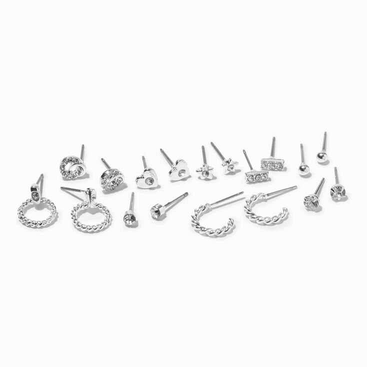 Silver Doorknocker Heart Crystal Stud Earrings - 9 Pack,