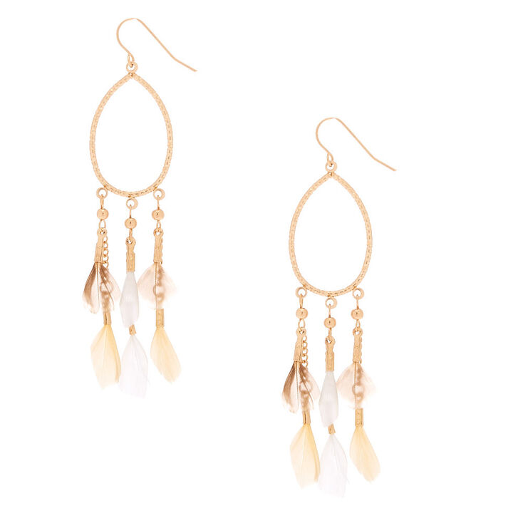 Gold 3" Oval Feather Drop Earrings - Cream,