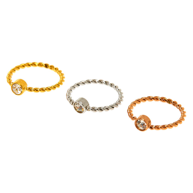 Mixed Metal 20G Twisted Crystal Cartilage Hoop Earrings - 3 Pack,