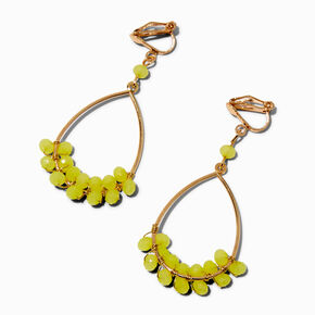 Yellow-Green Beaded Gold-tone Hoop Clip On 1.5&quot; Drop Earrings,