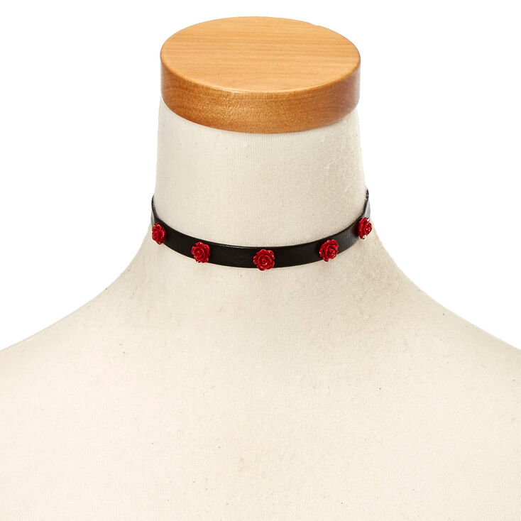 Black Faux Leather & Carved Roses Choker Necklace,