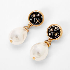 Celestial Black Enamel and Pearl 1&quot; Drop Earrings,