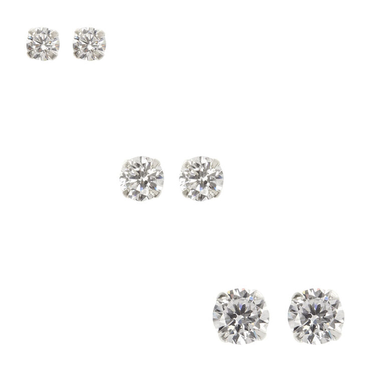 Sterling Silver 3 Pack Cubic Zirconia Stud Earrings,
