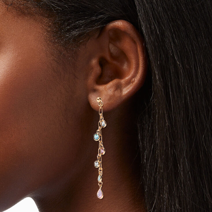 Gold Pastel Bezel Crystals 2&quot; Linear Drop Earrings,