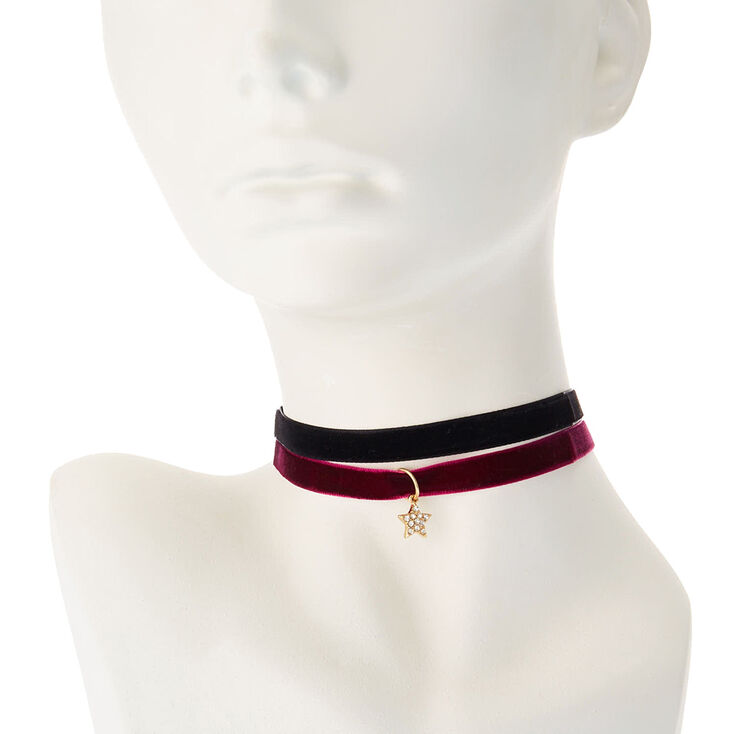 Black & Wine Velvet Choker Necklaces with Pavé Crystal Star Pendant,