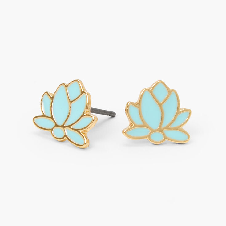 Gold Medium Lotus Flower Stud Earrings - Blue,
