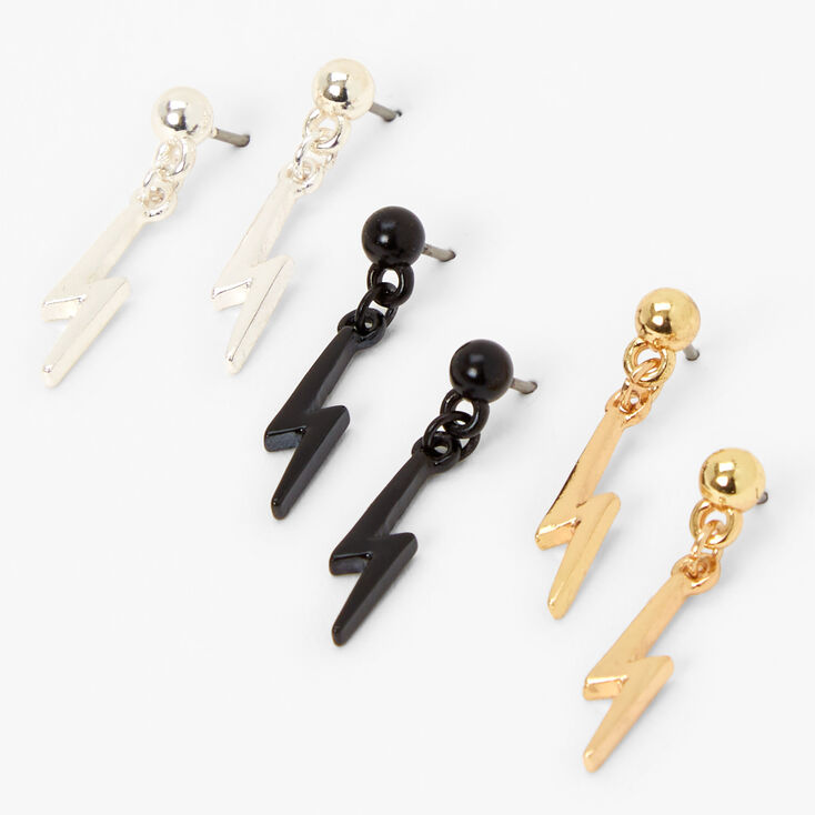 Mixed Metal Dangly Lightning Bolt Stud Earrings - 3 Pack,