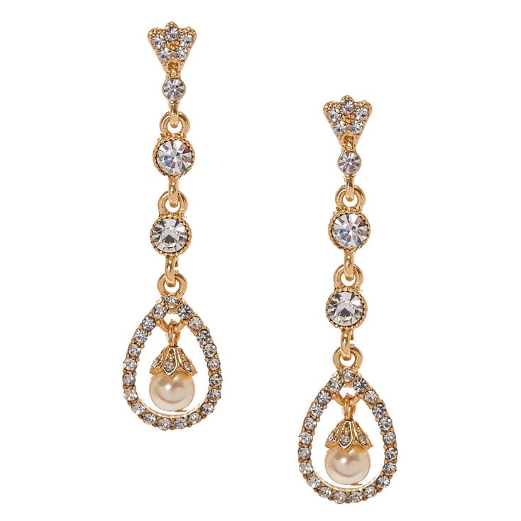 Gold Tone & Crystal Open Teardrop with Faux Pearl Linear Drop Earrings,