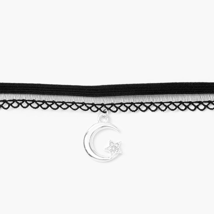 Silver Crescent Moon Star Lace Choker Necklace - Black,