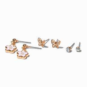 Gold-tone Flowers &amp; Butterflies Earring Set - 3 Pack,