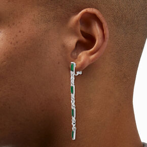 Green Baguette Silver-tone 2.5&quot; Clip-On Drop Earrings,