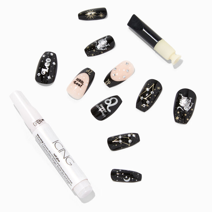 Leo Birthday Squareletto Faux Nail Set - 24 Pack,