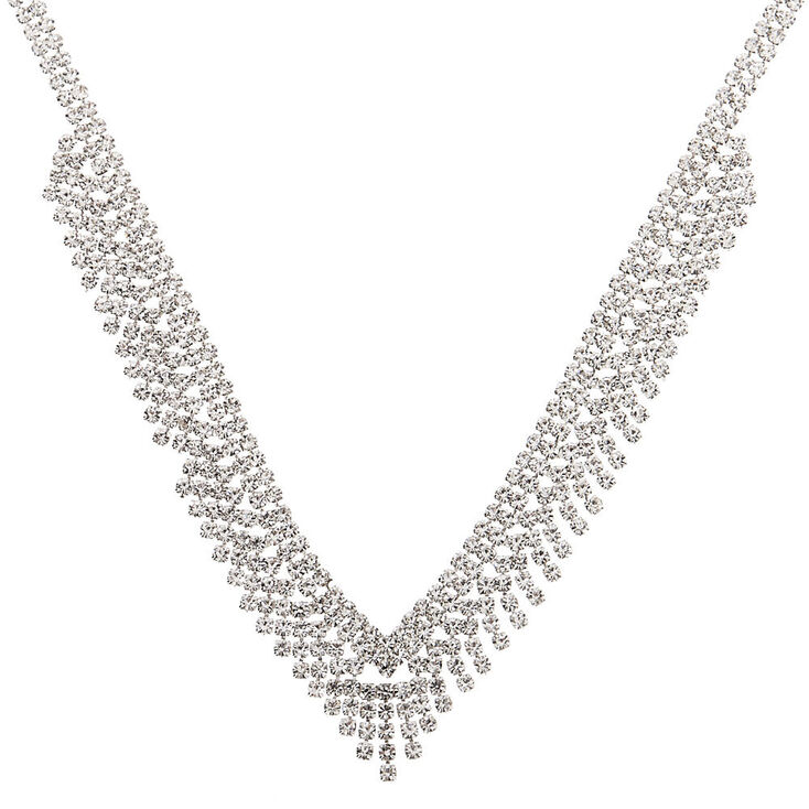 Silver Rhinestone Zig Zag Statement Necklace,