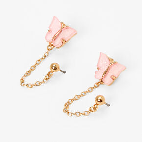 Pink Butterfly Gold Connector Chain Stud Earrings,