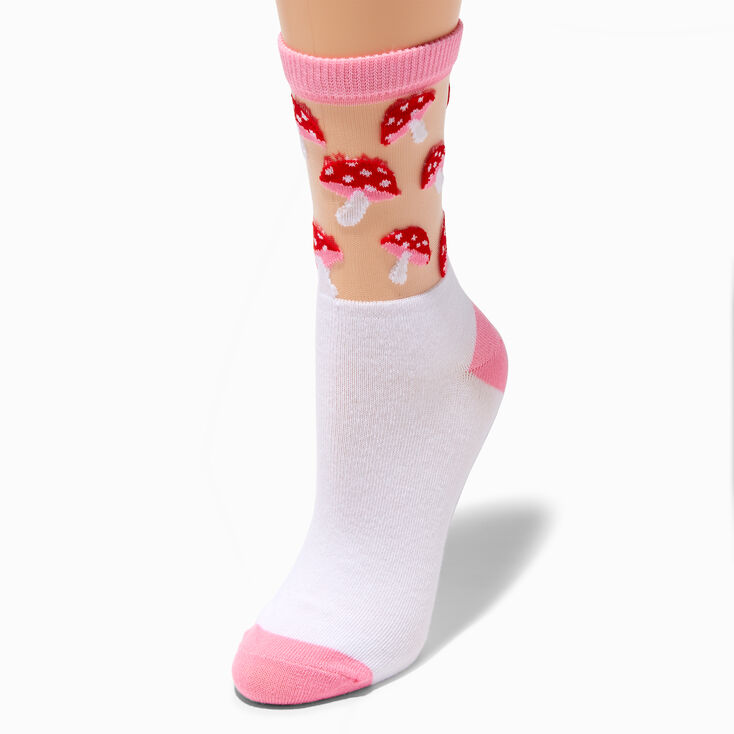 Embroidered Red Mushrooms Sheer Crew Socks,