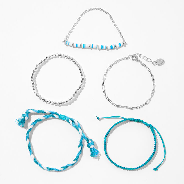 Silver &amp; Blue Beaded &amp; Woven Bracelet Set - 5 Pack,
