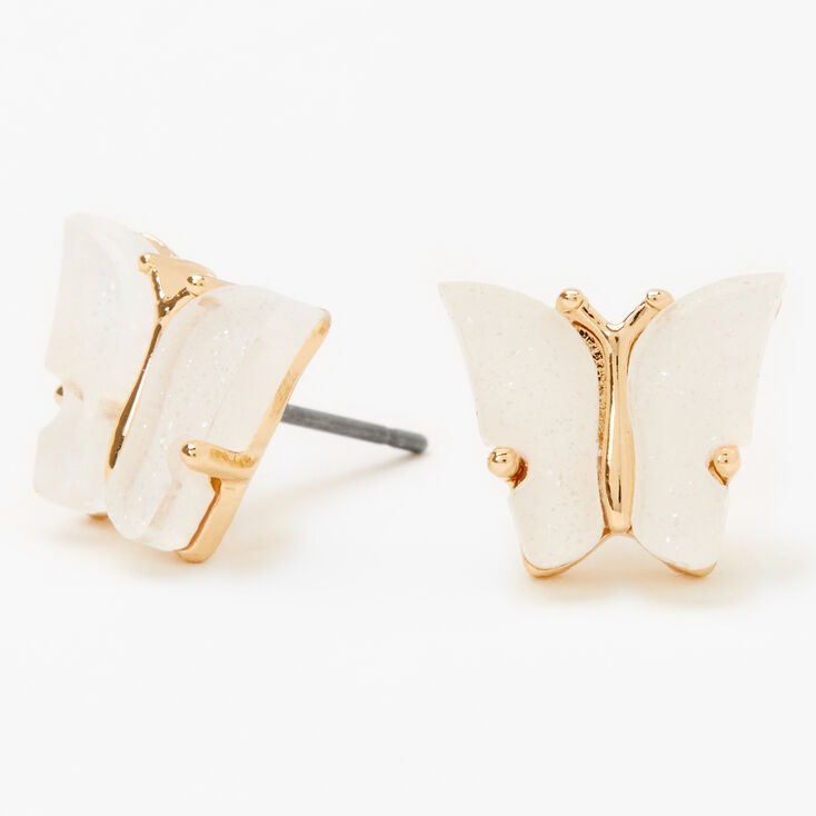 Gold Glitter Butterfly Stud Earrings - White,