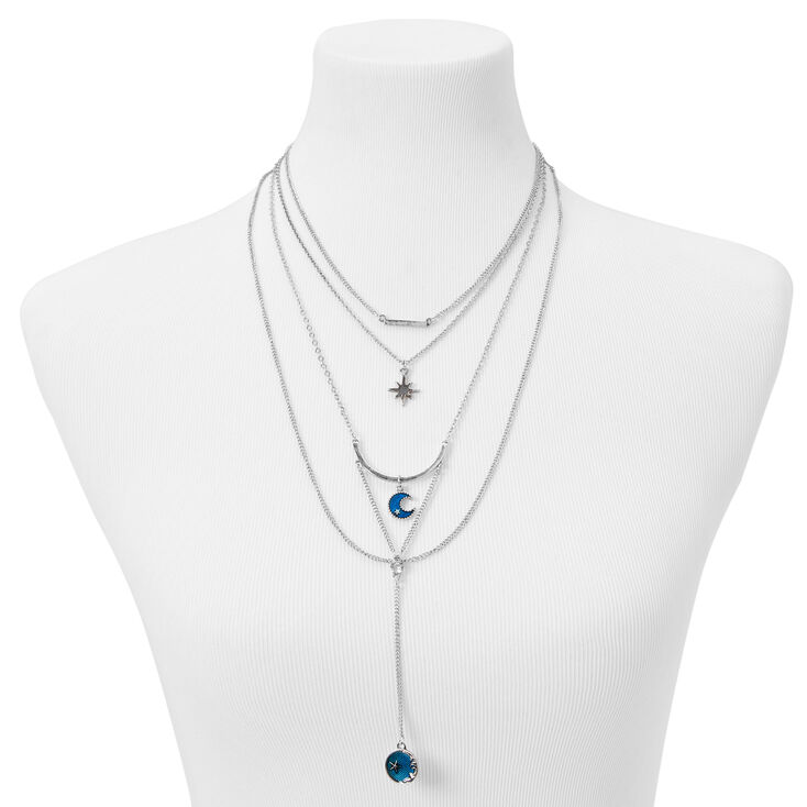 Silver Celestial Y-Neck Multi Strand Necklace - Blue,