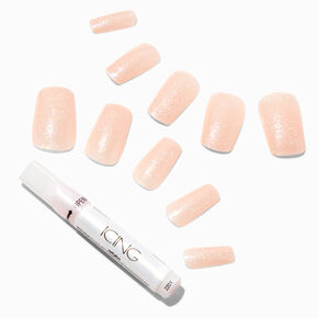 Nude Glitter Long Square Vegan Faux Nail Set - 24 Pack,