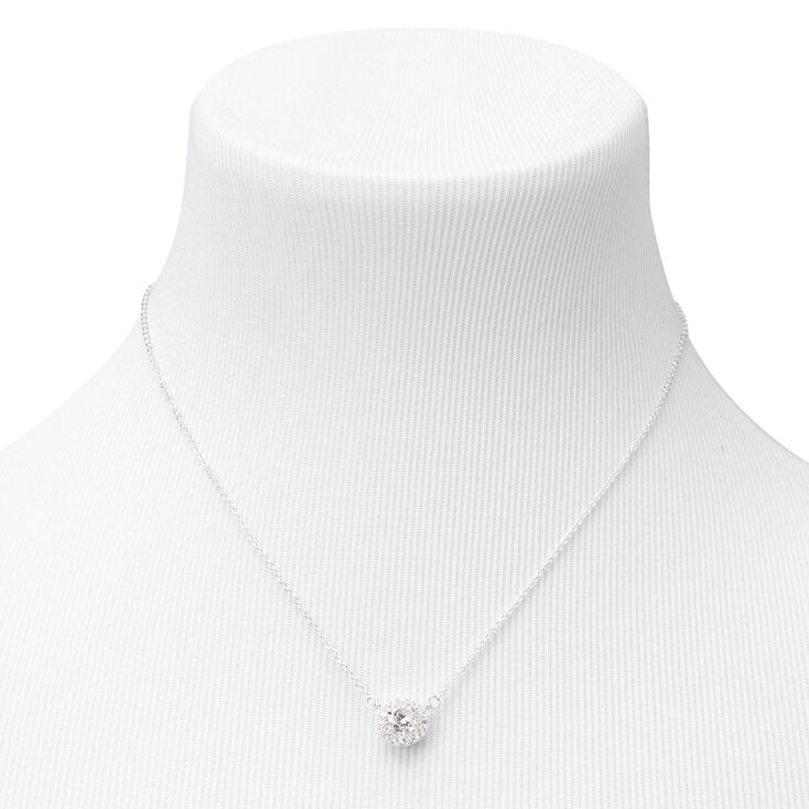 Silver Round Halo Cubic Zirconia Pendant Necklace,