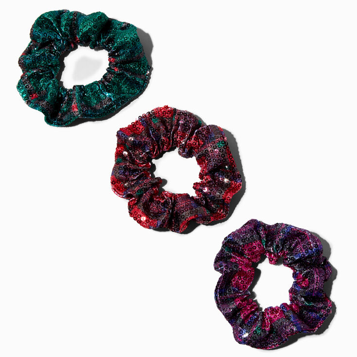 Bright Plaid Sequin Hair Scrunchies - 3 Pack,