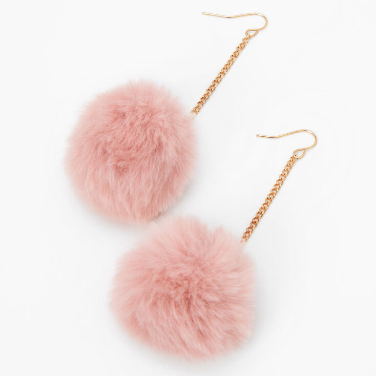 Gold 3&quot; Pink Pom Pom Drop Earrings,