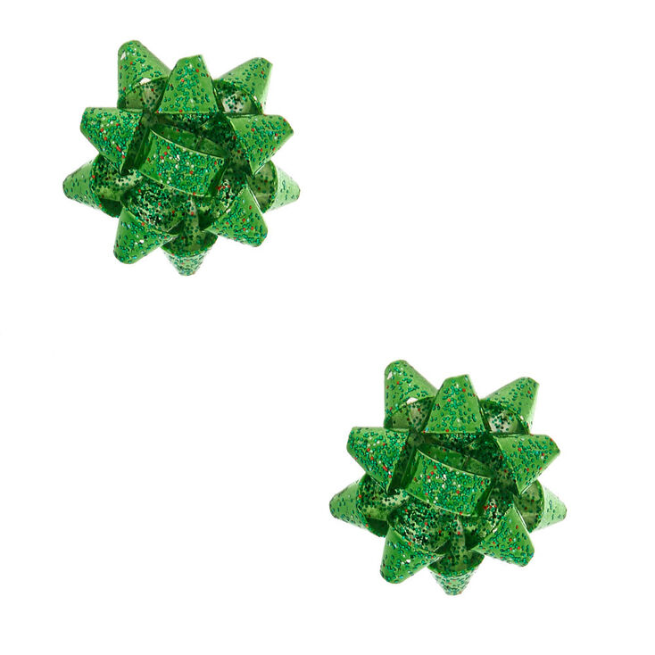 Glitter Bow Stud Earrings - Green,