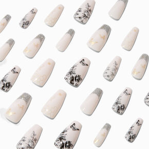 Black &amp; White Floral Butterfly Squareletto Faux Nail Set - 24 Pack,
