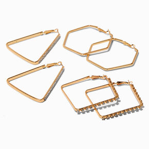 Gold-tone Crystal Geometric Hoop Earrings - 3 Pack,
