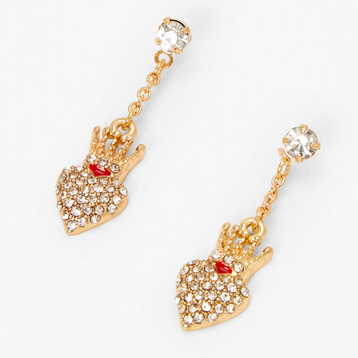 Gold Crystal Crown Heart Drop Earrings,