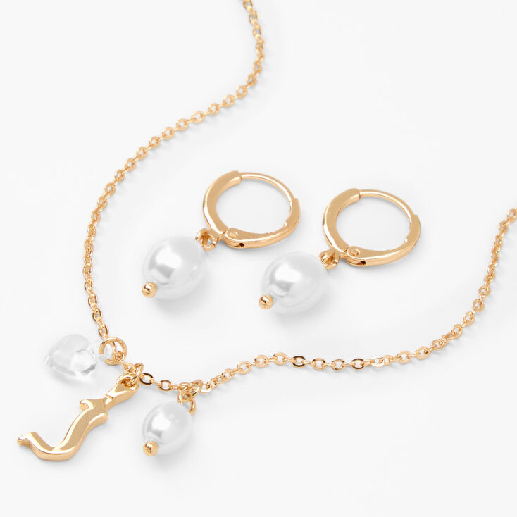 Gold Pearl &amp; Initial Necklace &amp; Earrings Set - J,