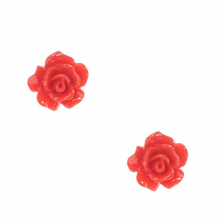 Red Carved Rose Stud Earrings,