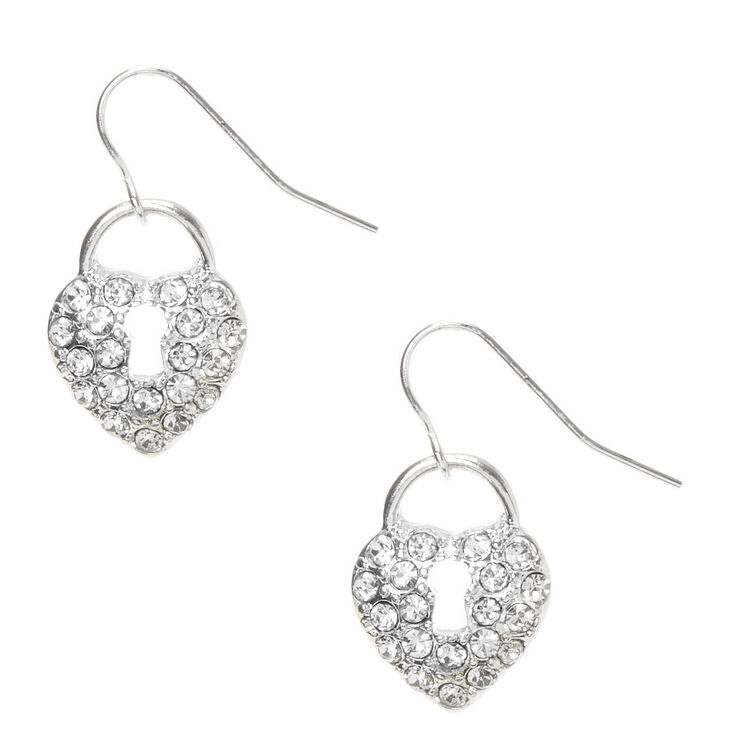 Silver 1" Crystal Lock Drop Earrings,