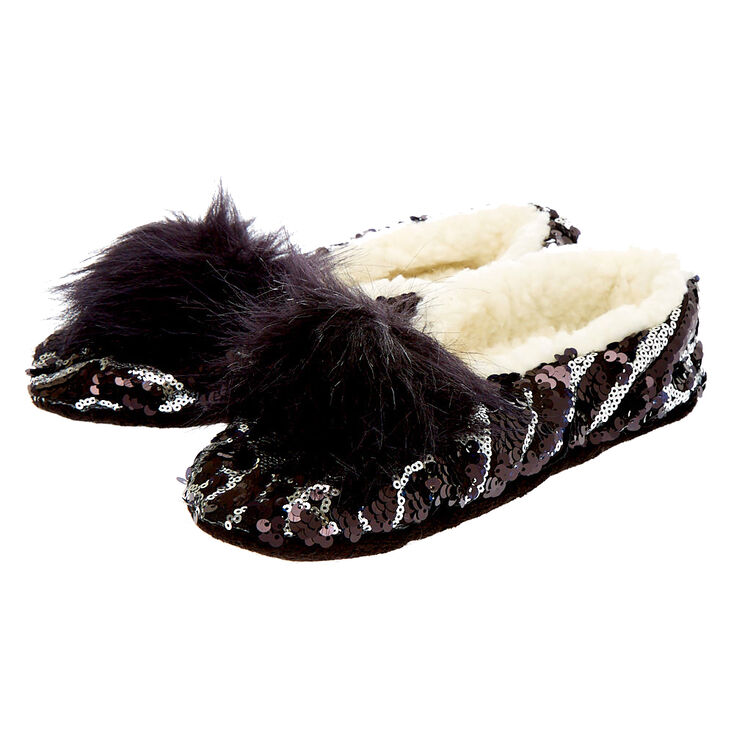 Reversible Sequin Snakeskin Slippers - Black,